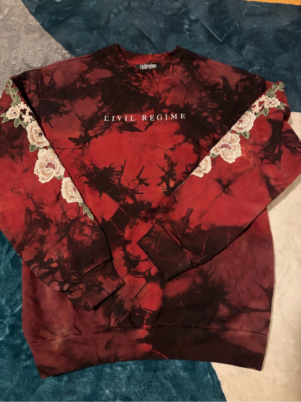 Civil Regime Red & Black Tie-Dye Sweatshirt with Floral Sleeve Embroidery